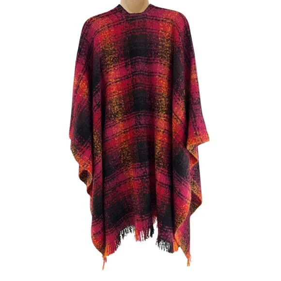 Chico's Plaid Blanket Shawl Fray Trim Fringe Ruana Wrap Poncho Knit Sweater OS